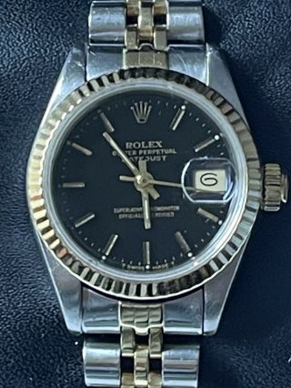 Rolex Datejust Steel Yellow Gold Black Dial Ladies Watch 69173 Single Quick