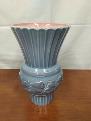 Vintage Red Wing Blue Pink Interior Embossed Ivy Art Pottery Ribbed 9 " Vase 1153