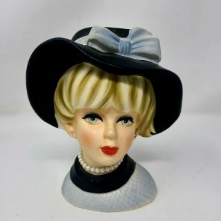 Vintage Lady Head Vase - Napcoware Napco C7494 - Black Hat - 6 "