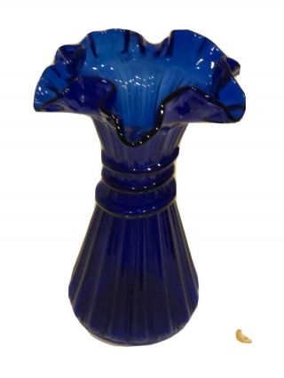 Fenton " Wheat " Vase 8 " Great Vintage Cobalt Rib Swirl Design