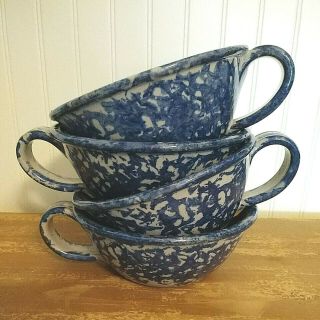 Set (4) Vintage Bastine Pottery Sponge Pattern Soup / Cerial Bowls W/handle 1990
