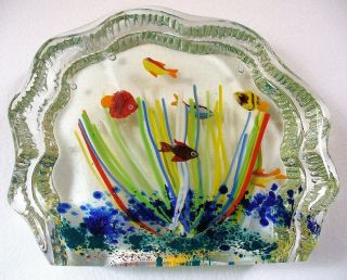 Vint Murano Style Art Glass Auarium Undersea 6 Fish Paperweight 6 75 " Bubbles Ec