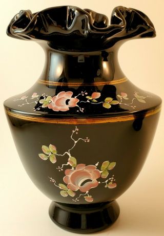 Vintage Fenton Black Amethyst Glass Vases Hand Painted/signed 7 " H
