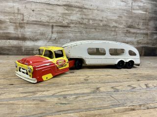Vintage Marx Lumar Auto Transport Pressed Steel & Tin Litho Toy Truck & Trailer