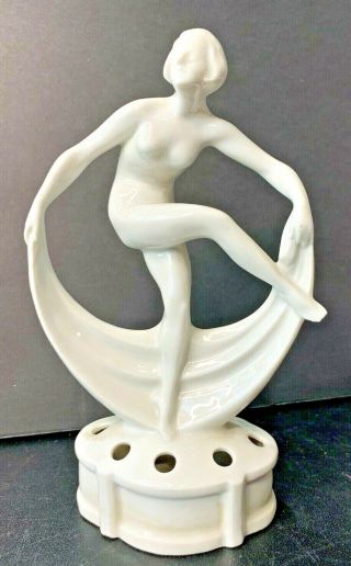Vintage Art Deco Pottery White Porcelain Nude Dancing Woman Flower Frog 7 " Tall
