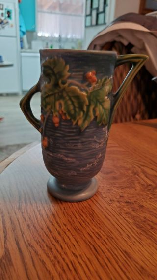Roseville Pottery Bushberry Vase 29 - 6 " Vintage Usa Blue W/double Handles
