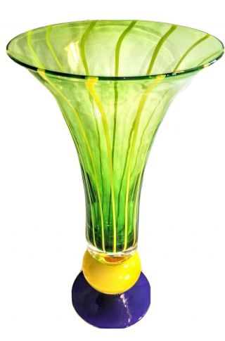 Murano Style Unmarked Blue Green Yellow Swirl Art Glass Vase 12 Inches