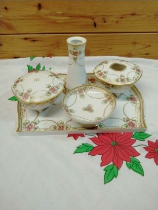 Antique Morimura Bro.  Nippon Porcelain Hand Painted/gold Dresser/vanity 5pc Set