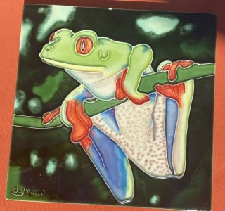 Tropical Tree Frog Ceramic Raised Art Tile By Wayne Gao Signed Stunning 8”x 8”