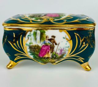 Vintage Limoges French Porcelain Trinket Box E Chalais Watteau Gold Gilt Green