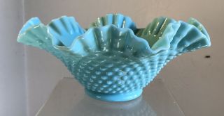 Vintage Fenton Glass Hobnail Ruffled Rim Bowl Turquoise
