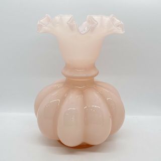 Vintage Fenton Pink Overlay Cased Glass Melon Ribbed Ruffle Rim Vase 8”