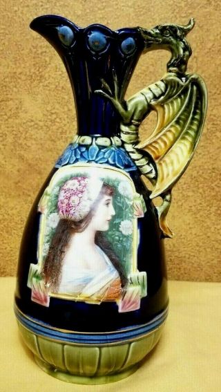 Majolica Pitcher Vase With Dragon Handle And Angelic Maiden