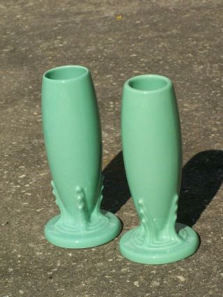 Two Vintage Fiesta Bud Vases,  Light Green 6 " Slight Variation In Color Emboss H