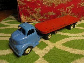 Vintage Louis Marx Tractor Cab With Metal Trailer Truck 28 " 1950s Rubber Wheels