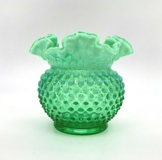 Vintage Fenton Green Opalescent Hobnail Glass Vase Ruffled