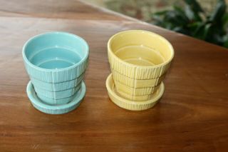 Pair 2 Mccoy Pottery Blue And Yellow Pastel Planter Basket Weave Bark 3 1/8 In