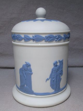 Wedgwood Blue On White Reverse Jasperware Lidded Jar 4 1/2 "