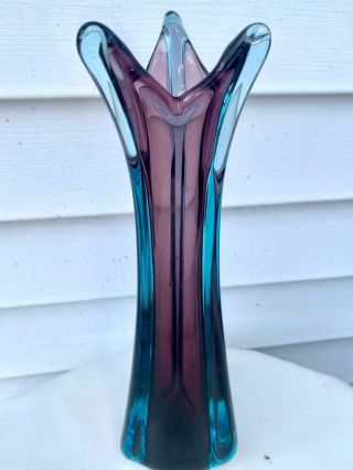 Murano Italian Art Glass Sommerso Amethyst Purple & Blue Cased Vase 12.  5 " Tall