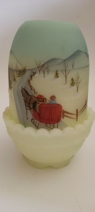 Vintage Fenton Fairy Light Lamp Hand Painted Signed Winter Sleigh Ride 1980 Glow