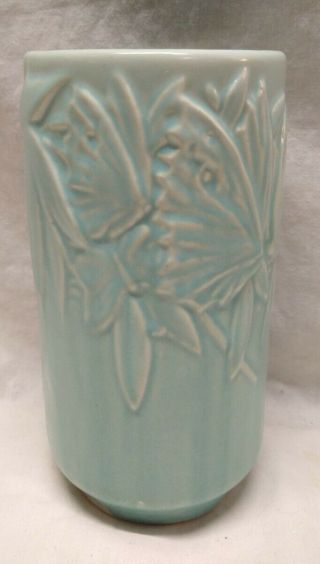 1930s Vintage Nelson Mccoy Pottery Butterfly Matte Blue Aqua Vase Planter 8 1/4 "