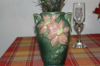 Vintage Roseville Pottery Clematis Green Vase W/ Double Handle 105 - 7 L@@k