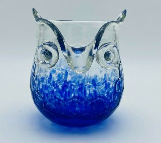 Vintage Mid Century Modern Art Glass Hand Blown Blue Owl Vase Murano Honeycomb