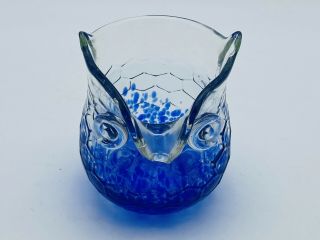 Vintage Mid Century Modern Art Glass Hand Blown Blue Owl Vase Murano Honeycomb 3