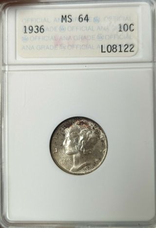 1936 Mercury Silver Dime - Anacs Ms64 - Old Holder