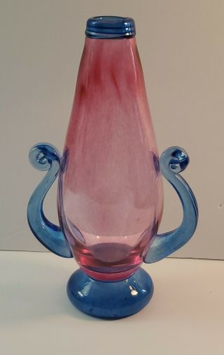 Antique Rare Murano Glass Pink Vase Blue Handles,  Base,  Neck,  Ring Signed By Artist