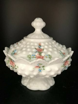 Fenton,  Hobnail Milk Glass Lidded Pedestal Candy Dish,  Painted Flowers,  Signed