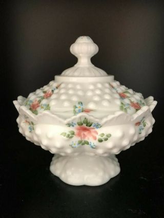Fenton,  Hobnail Milk Glass Lidded Pedestal Candy Dish,  Painted Flowers,  Signed 2