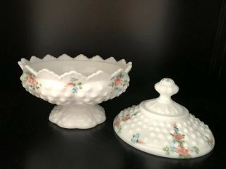 Fenton,  Hobnail Milk Glass Lidded Pedestal Candy Dish,  Painted Flowers,  Signed 3