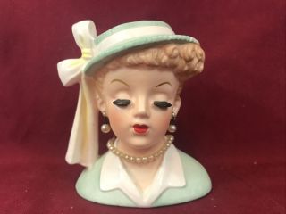 Vintage Napco Lucille Ball 1958 Lady Head Vase C3342a Green W/ Foil 4 - 1/2 " H