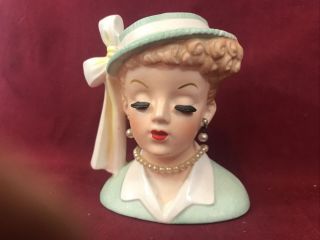 Vintage NAPCO Lucille Ball 1958 Lady Head Vase C3342A Green w/ Foil 4 - 1/2 