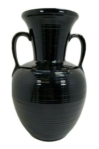Large Frankoma Pottery Ribbed Leaf Handle 71 Black Vase Urn 11 " Tall