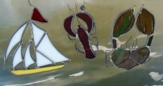 Four Hand Crafted Stained Glass Yellow Sailboat Red Lobster & Two Green Crabs