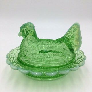 Vintage Mosser Hen On A Nest Opalescent Green Glass Farmhouse Country 7 " X5 "