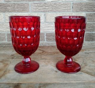 Set Of 2 Fenton Glass Thumbprint Ruby Red Ice Tea Footed Goblets 6.  5 " Tall 13oz