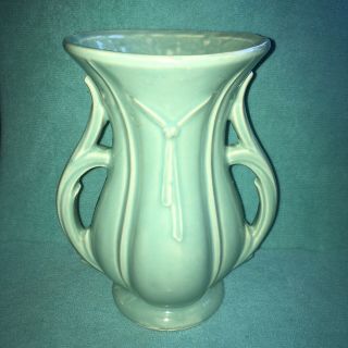 Vintage 1940’s Mccoy Double Handle Tassel Necktie Flower Vase Turquoise 8” Tall