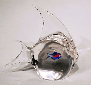 Signed Elio Raffaeli Oggetti Murano Fish In A Belly Glass Sculpture Paperweight