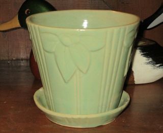 Vintage Green Leaf Flower Pot Attached Saucer Large 6 " Mccoy Or Shawnee Usa Sign