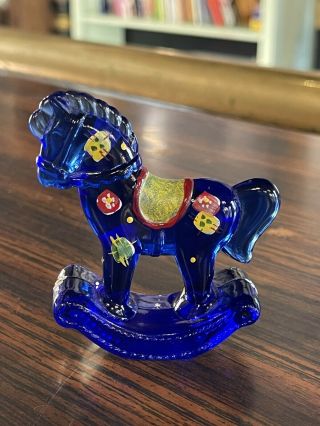 Fenton Glass Cobalt Blue Rocking Horse Hand Painted Signed L.  Kendall 3”