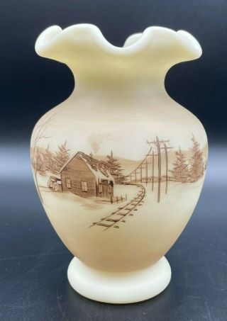 Lovely Fenton Custard Hand Painted Log Cabin By The Tracks Ruffle Vase Signed