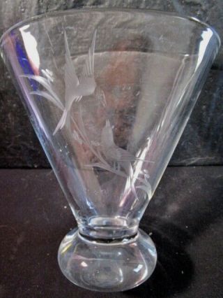 Vintage Hawkes Etched Bird And Flower Crystal Fan Vase With Ball Base