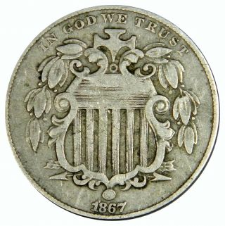 1867 Shield Nickel Without Rays,  No Rays Fine Priced Right