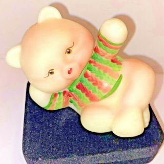 Fenton Glass Bear Figurine Burmese Relaxing Sweater Pink Green Hearts Stripes