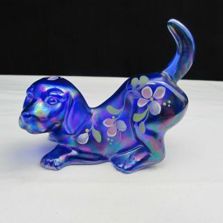 Fenton Cobalt Carnival Pink And Purple Florals Hand Painted Puppy 1995 C1676