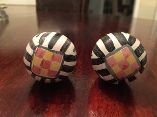 Set Of 2 Mackenzie Childs Drawer Pull Knobs Round Ball Black/white Striped/pink