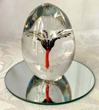 Daum France Crystal Paperweight,  Black,  White,  Red Flower